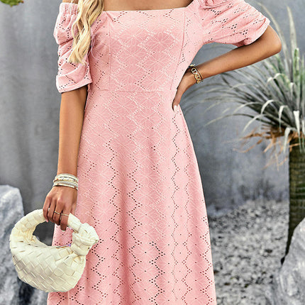 Women's Summer Puff Short Sleeve Midi DressSquare Neck Split Dresses