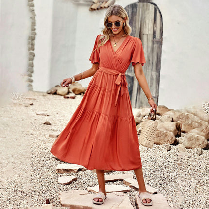 Womens Summer Dresses V Neck Short Flutter Sleeves Tie Waist Ruffle Flowy Midi Dress