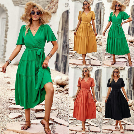 Womens Summer Dresses V Neck Short Flutter Sleeves Tie Waist Ruffle Flowy Midi Dress