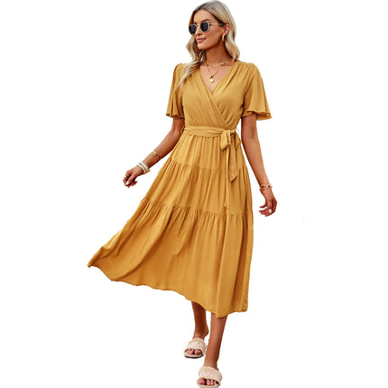 Womens Summer Dresses V Neck Short Flutter Sleeves Tie Waist Ruffle Flowy Midi Dress