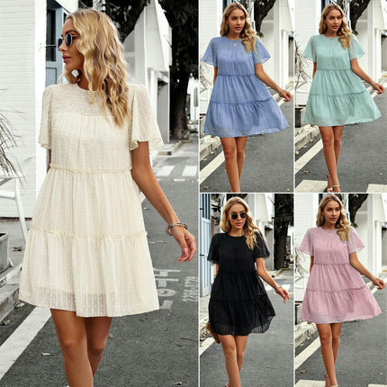 Women's Casual Mini Dress Round Neck Short Sleeve Tiered Babydoll Flowy Short Dress