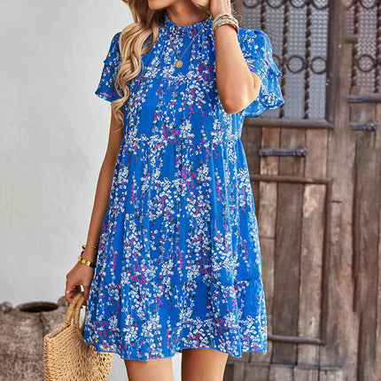 Women's Summer Trendy Crew Neck Short Sleeve A Line Tiered Ruffle Flowy Mini Dress