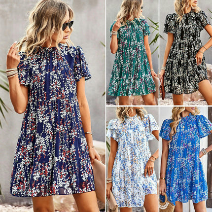 Women's Summer Trendy Crew Neck Short Sleeve A Line Tiered Ruffle Flowy Mini Dress