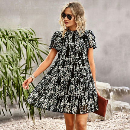 Women's Summer Trendy Crew Neck Short Sleeve A Line Tiered Ruffle Flowy Mini Dress