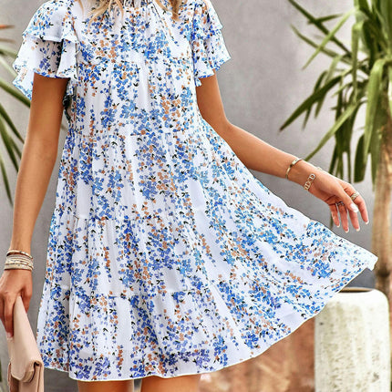 Women's Summer Trendy Crew Neck Short Sleeve A Line Tiered Ruffle Flowy Mini Dress