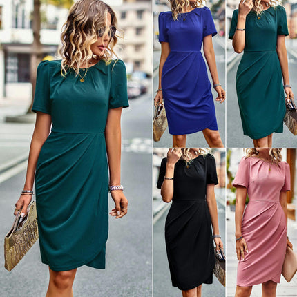 Women's Summer Crew Neck Short Sleeve Ruched Split Elegant Midi Dress