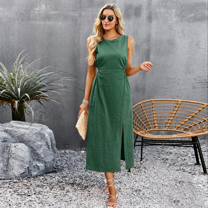 Women's Summer Midi Dresses Casual Crew Neck Slit Sleeveless Cut Out Tank Dress