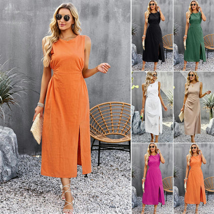 Women's Summer Midi Dresses Casual Crew Neck Slit Sleeveless Cut Out Tank Dress