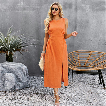 Women's Summer Midi Dresses Casual Crew Neck Slit Sleeveless Cut Out Tank Dress