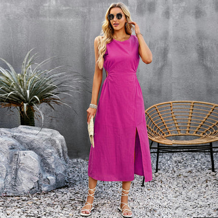 Women's Summer Midi Dresses Casual Crew Neck Slit Sleeveless Cut Out Tank Dress