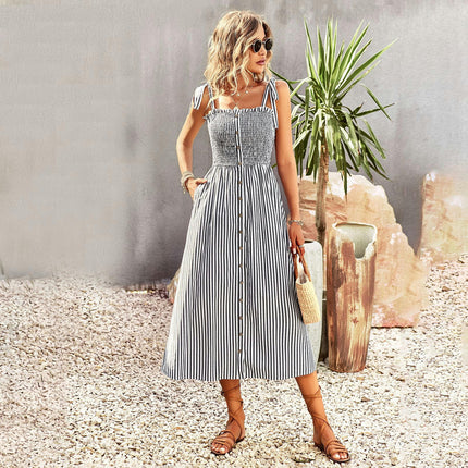 Women's Summer Dresses Spaghetti Strap Sleeveless Smocked A-Line Boho Flowy Midi Dress