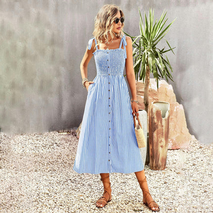 Women's Summer Dresses Spaghetti Strap Sleeveless Smocked A-Line Boho Flowy Midi Dress