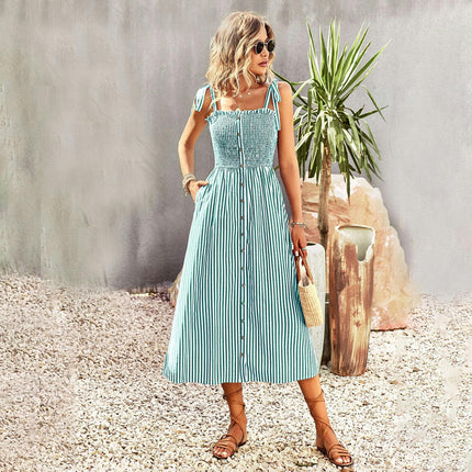 Women's Summer Dresses Spaghetti Strap Sleeveless Smocked A-Line Boho Flowy Midi Dress