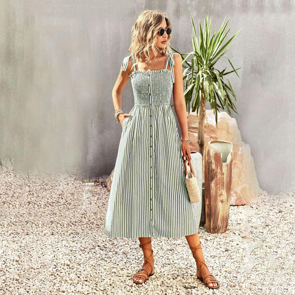 Women's Summer Dresses Spaghetti Strap Sleeveless Smocked A-Line Boho Flowy Midi Dress