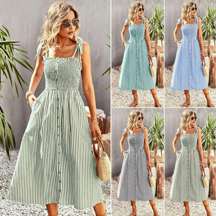 Women's Summer Dresses Spaghetti Strap Sleeveless Smocked A-Line Boho Flowy Midi Dress