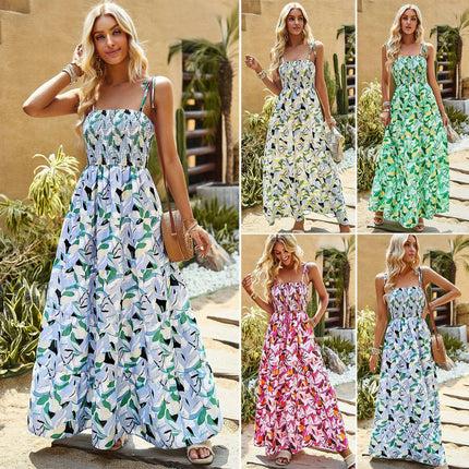 Women's Summer Spaghetti Strap Dresses Sleeveless Smocked A-Line Boho Flowy Maxi Dress