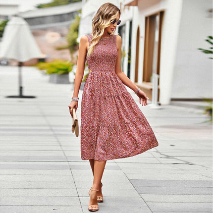 Women Crew Neck Summer Dresses Sleeveless Smocked Flowy Beach Boho Midi Dress