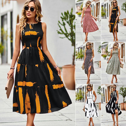 Women Crew Neck Summer Dresses Sleeveless Smocked Flowy Beach Boho Midi Dress