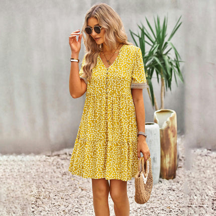 Womens Floral Short Sleeve V Neck Ruffle Elegant Mini Short Dresses