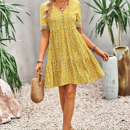 Womens Floral Short Sleeve V Neck Ruffle Elegant Mini Short Dresses