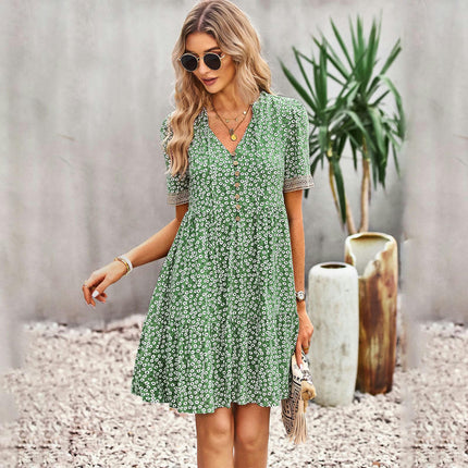 Womens Floral Short Sleeve V Neck Ruffle Elegant Mini Short Dresses