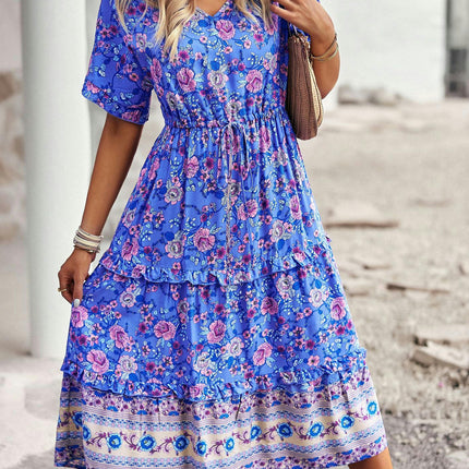 Women's V Neck Midi Dress Short Sleeve Summer Ruffle Boho Floral Party Beach A-Line Dresses