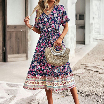 Women's V Neck Midi Dress Short Sleeve Summer Ruffle Boho Floral Party Beach A-Line Dresses