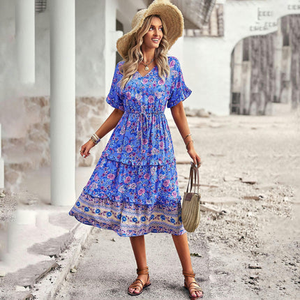 Women's V Neck Midi Dress Short Sleeve Summer Ruffle Boho Floral Party Beach A-Line Dresses