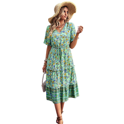 Women's V Neck Midi Dress Short Sleeve Summer Ruffle Boho Floral Party Beach A-Line Dresses