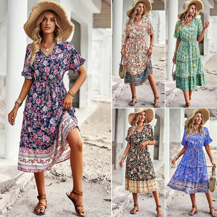 Women's V Neck Midi Dress Short Sleeve Summer Ruffle Boho Floral Party Beach A-Line Dresses