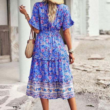 Women's V Neck Midi Dress Short Sleeve Summer Ruffle Boho Floral Party Beach A-Line Dresses