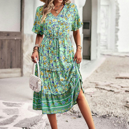 Women's V Neck Midi Dress Short Sleeve Summer Ruffle Boho Floral Party Beach A-Line Dresses