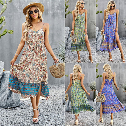 Women's V Neck Midi Dress Sleeveless Summer Ruffle Floral Spaghetti Strap A-Line Dresses