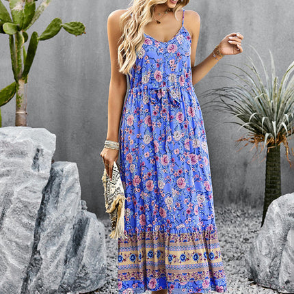 Women's V Neck Midi Dress Sleeveless Summer Ruffle Floral Spaghetti Strap A-Line Dresses