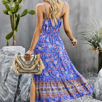 Women's V Neck Midi Dress Sleeveless Summer Ruffle Floral Spaghetti Strap A-Line Dresses