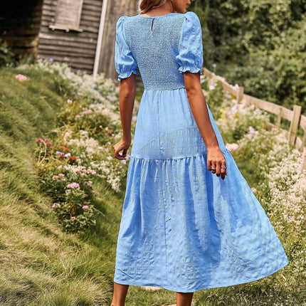 Women Summer Dresses Crew Neck Smocked Puff Short Sleeves Ruffle Flowy Midi Dress