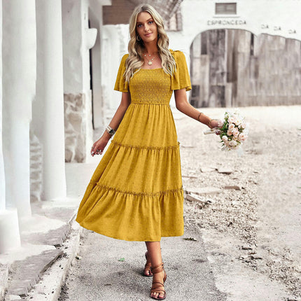 Women Summer Dresses Square Neck Smocked Short Sleeves Tiered Ruffle Flowy Midi Dress