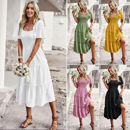 Women Summer Dresses Square Neck Smocked Short Sleeves Tiered Ruffle Flowy Midi Dress