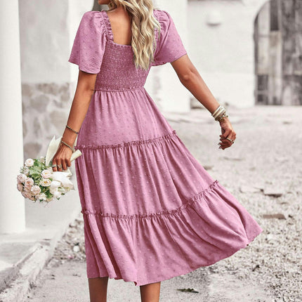 Women Summer Dresses Square Neck Smocked Short Sleeves Tiered Ruffle Flowy Midi Dress