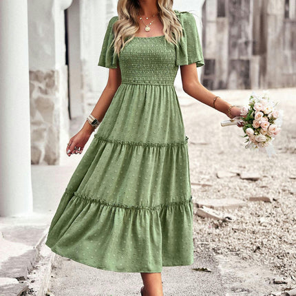 Women Summer Dresses Square Neck Smocked Short Sleeves Tiered Ruffle Flowy Midi Dress