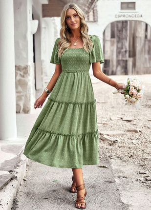 Women Summer Dresses Square Neck Smocked Short Sleeves Tiered Ruffle Flowy Midi Dress