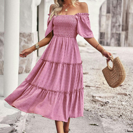 Women Summer Dresses Square Neck Smocked Short Sleeves Tiered Ruffle Flowy Midi Dress