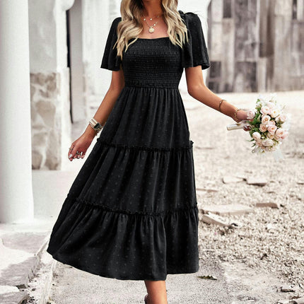 Women Summer Dresses Square Neck Smocked Short Sleeves Tiered Ruffle Flowy Midi Dress