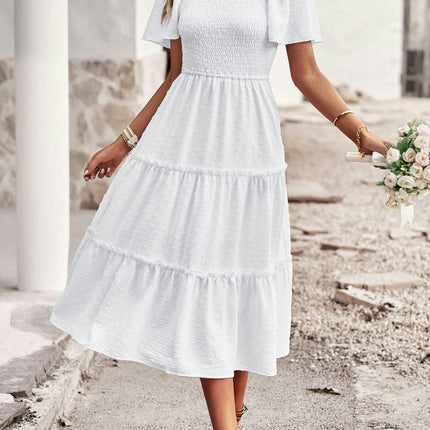 Women Summer Dresses Square Neck Smocked Short Sleeves Tiered Ruffle Flowy Midi Dress