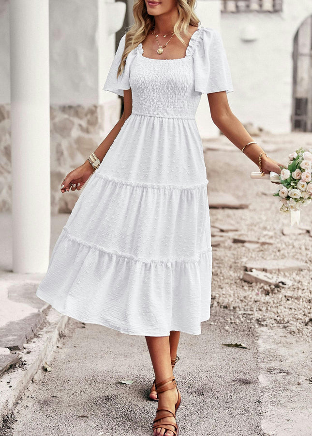 Women Summer Dresses Square Neck Smocked Short Sleeves Tiered Ruffle Flowy Midi Dress