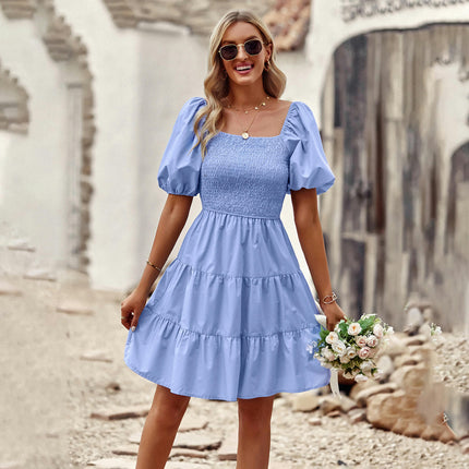 Women Summer Dresses Square Neck Smocked Puff Short Sleeves Ruffle Mini Dress