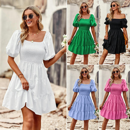 Women Summer Dresses Square Neck Smocked Puff Short Sleeves Ruffle Mini Dress