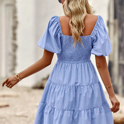 Women Summer Dresses Square Neck Smocked Puff Short Sleeves Ruffle Mini Dress