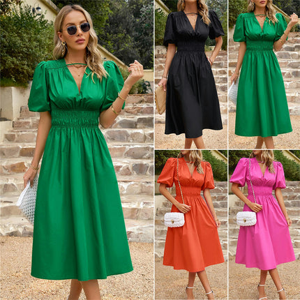 Women Summer Midi Dress Puff Short Sleeve V Neck High Waist A-Line Flowy Dresses