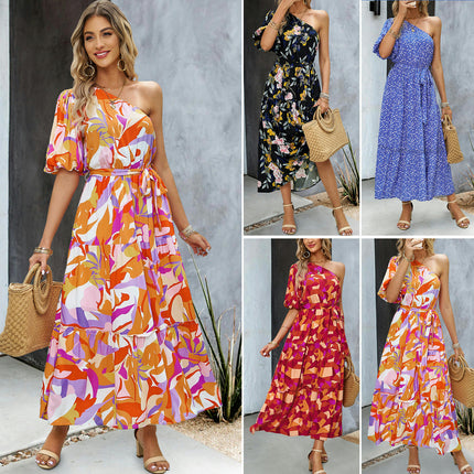 Women's Floral Maxi Dress One Shoulder Short Sleeve Tie Ruffle Flowy Boho Dresses